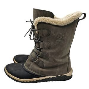 Sorel Womens Sz 10.5 Out N About Plus Tall Waterproof Duck Boot Gray Leather